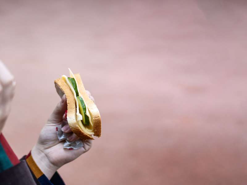 A person holds a sandwich with cheese and vegetables, against a blurred background.