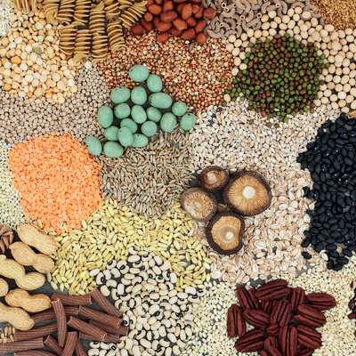Overhead view of various legumes, grains, nuts, pasta, and dried mushrooms arranged in a colorful mosaic pattern.