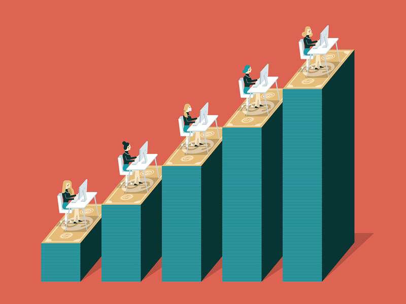 Illustration of several people work at computers positioned on increasing stacks of money.