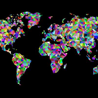 A world map made of multicolored triangles against a black background, with each continent filled in bright mosaic patterns.