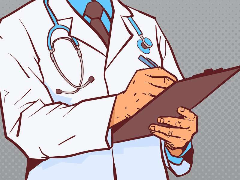 Doctor holding clipboard writes notes.