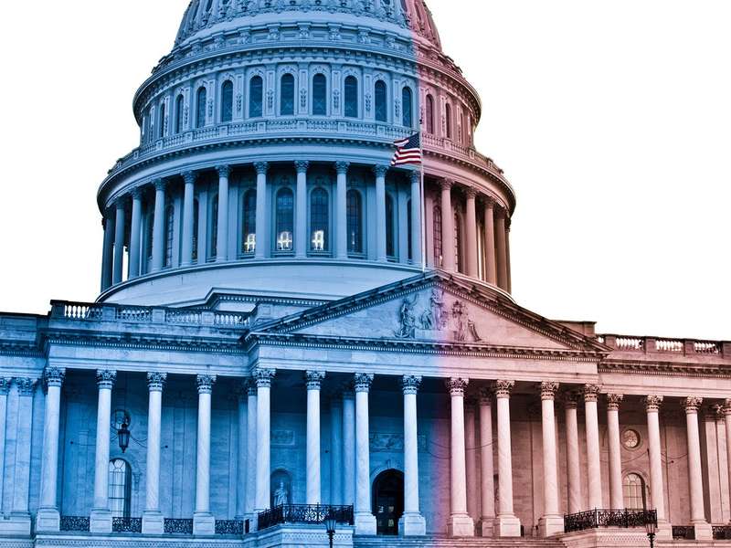 The U.S. Capitol Building stylized in red and blue coloring.