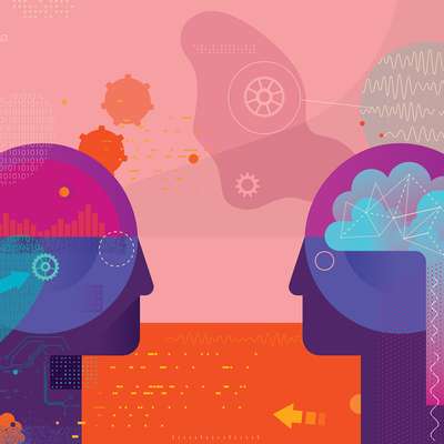 Two abstract human heads facing each other with colorful graphic elements representing thoughts, data, and ideas in a vibrant background.