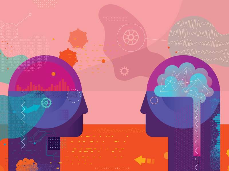 Two abstract human heads facing each other with colorful graphic elements representing thoughts, data, and ideas in a vibrant background.