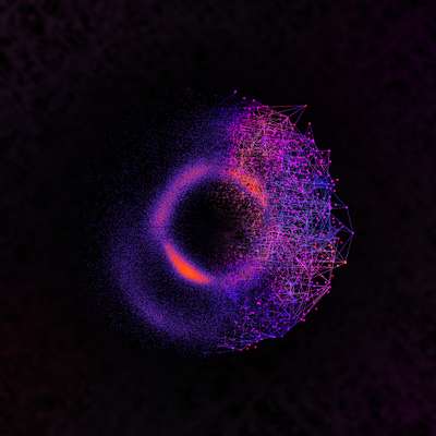 Glowing purple and orange ring partially connected by a web of pink and red network lines on a dark background.
