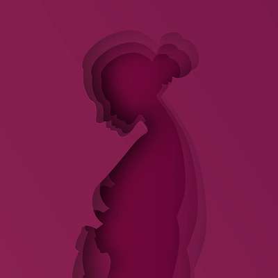 Layered paper-cut illustration in deep magenta showing the side profile of a pregnant person with head bowed and hair in a bun.
