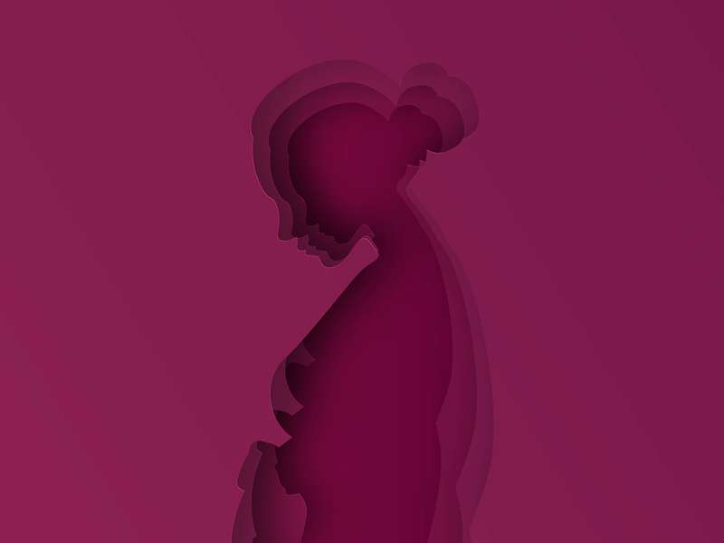 Layered paper-cut illustration in deep magenta showing the side profile of a pregnant person with head bowed and hair in a bun.