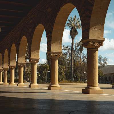 View through Main Quad arcade to tree plantings and palm
