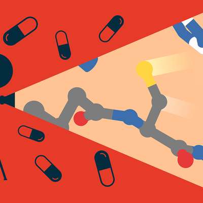 Illustration of a film camera projecting a beam onto a molecular structure surrounded by pill capsules on a red background.