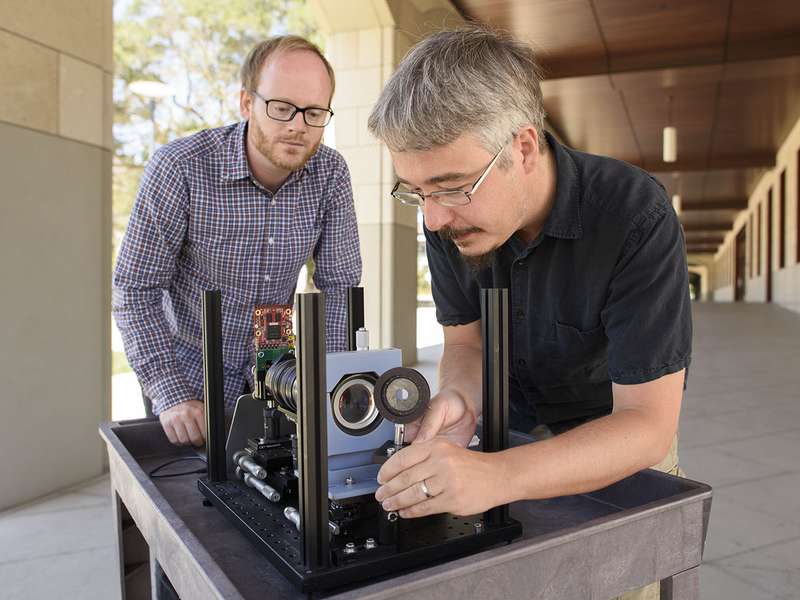 Assistant prof. Gordon Wetzstein, left, and postdoctoral scholar Donald Dansereau with a prototype of the monocentric camera that captured the first single-lens panoramic light fields.