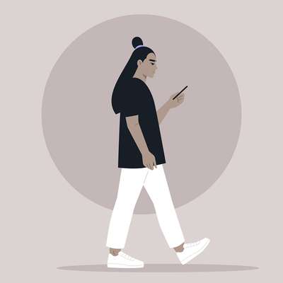 Illustration of a person walking while checking a smartphone, set against a plain circular backdrop.