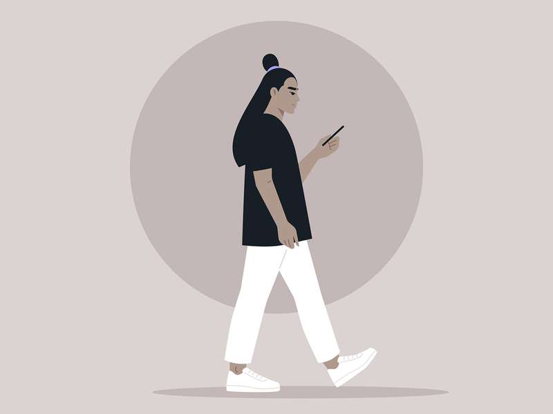 Illustration of a person walking while checking a smartphone, set against a plain circular backdrop.