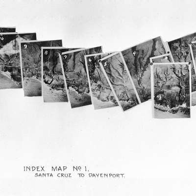 A series of numbered aerial photographs labeled "Index Map No. 1" showing the region from Santa Cruz to Davenport.