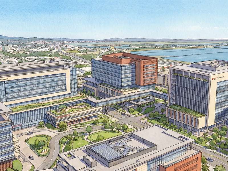 Aerial illustration of the Stanford Cancer Center, showcasing modern buildings and landscaped areas near Bay.