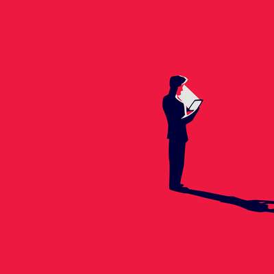Illustration of a person reading a tablet against a bright red background.