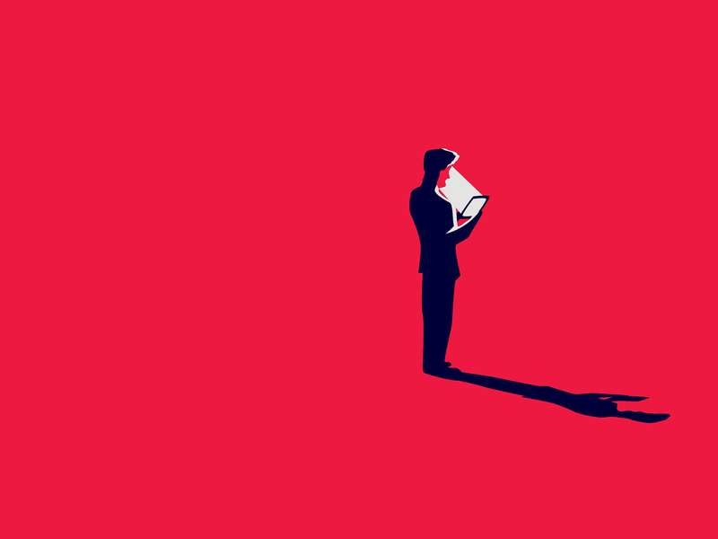Illustration of a person reading a tablet against a bright red background.