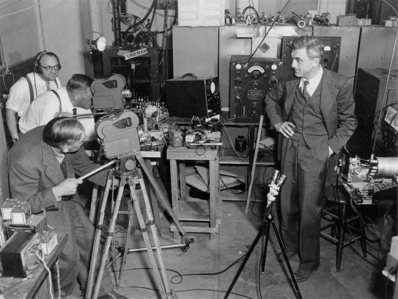 Felix Bloch, Stanford's first Nobel laureate in Physics being photographed by multiple cameras at once, 1952.