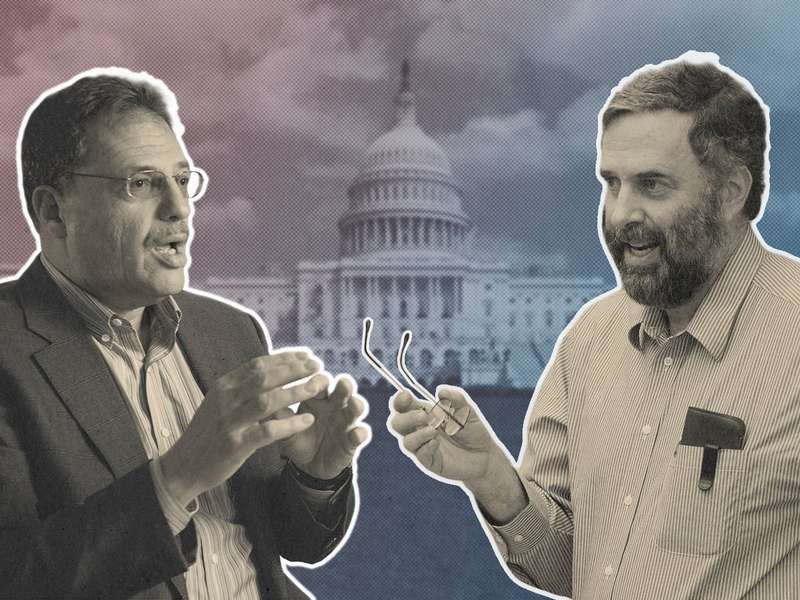 James Fishkin and Larry Diamond engage in animated conversation against a stylized red-and-blue composite of the U.S. Capitol building.