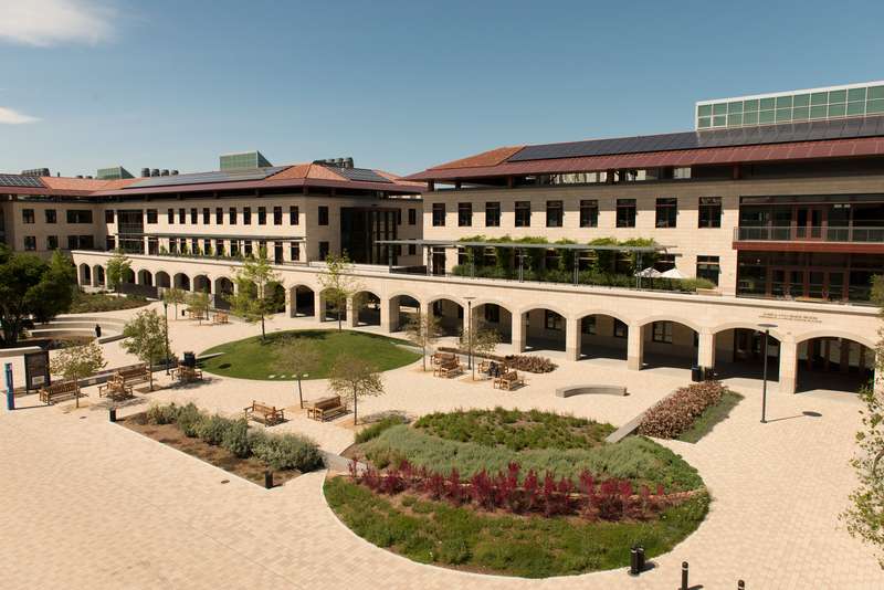 The Shriram Center for Bioengineering & Chemical Engineering on a sunny day, with landscaped gardens and outdoor seating areas.
