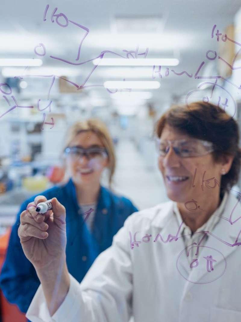 Chemist Carolyn Bertozzi draws chemical structures in purple marker on a glass board while a colleague in safety glasses watches and smiles in a research lab.