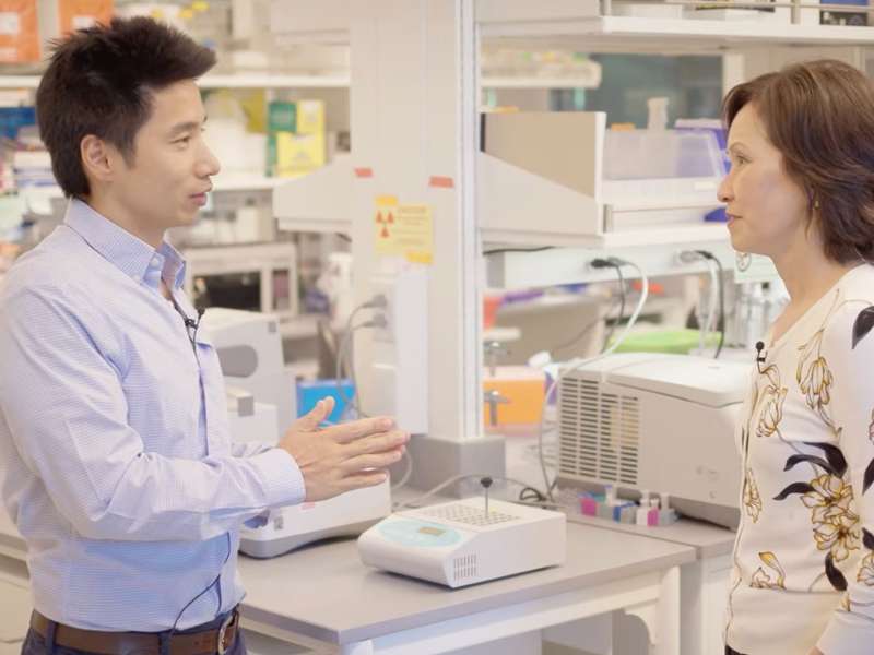  Jonathan Long, associate professor of pathology, speaks with Stanford Medicine's Lisa Kim