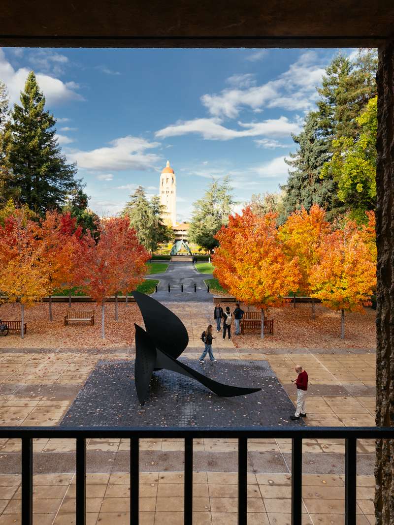 View of Hoover Tower in the fall from the Law School balcony.