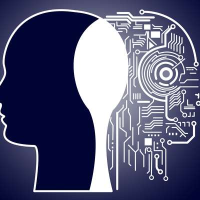 Illustration merges a human head profile with circuit-board patterns, symbolizing artificial intelligence and the human mind.