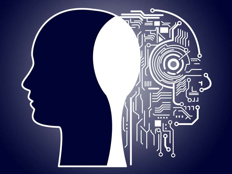 Illustration merges a human head profile with circuit-board patterns, symbolizing artificial intelligence and the human mind.