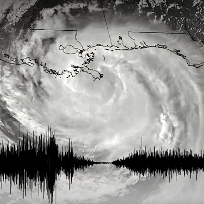 A satellite image of Hurricane Isaac in 2012 as it made landfall on the Louisiana coast, overlaid with a seismogram showing ground vibrations caused by strong winds before and after the calm eye of the storm passed
