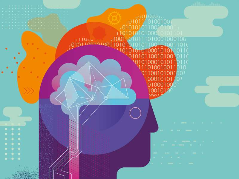 Colorful illustration of a human head profiles a brain with clouds, binary code, and abstract shapes, symbolizing technology and thought.