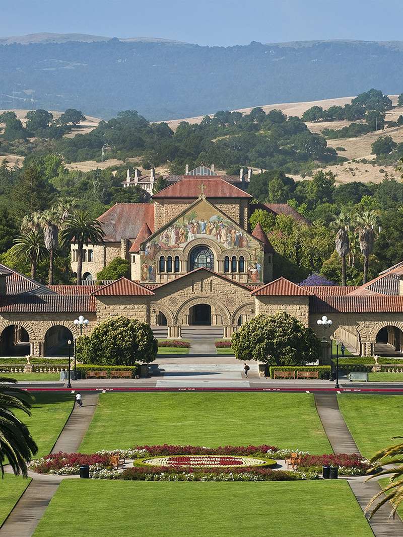 Aerial view of Stanford University's Main Quad, with Memorial Church in the center.