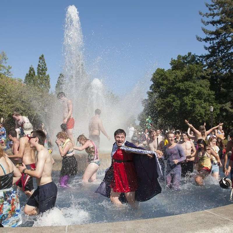Dozens of students splashing in a fountain