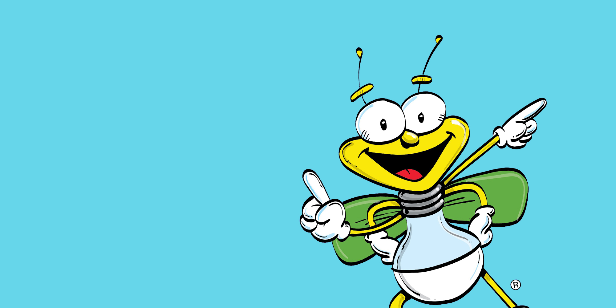 A cheerful cartoon insect with a lightbulb body, green wings, and antennae, pointing in opposite directions against a blue background.