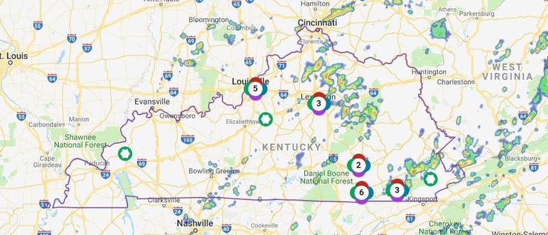 Outage map showing Kentucky with highlighted locations and weather patterns.