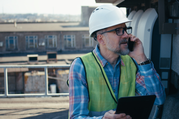 Roofing inspector using tablet and phone on jobsite