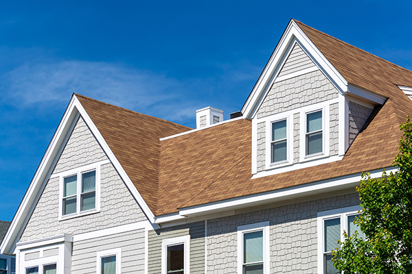 Siding on a grey house with a brown roof.
