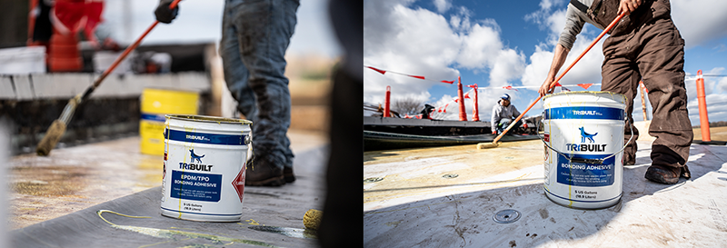 TRI-BUILT bonding adhesive being applied to a commercial roof