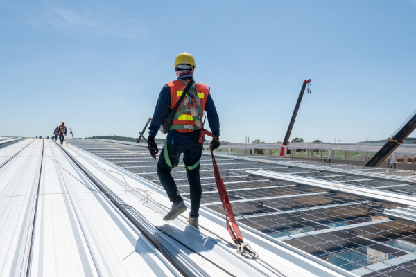 Person standing on roof wearing a personal fall arrest system