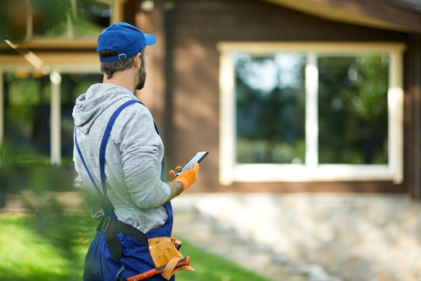 Contractor with a smart phone on a jobsite.