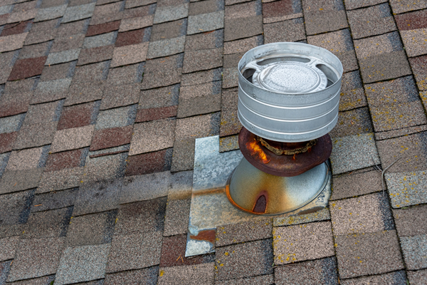 Roof ridge on a home with asphalt shingles and round attic vent