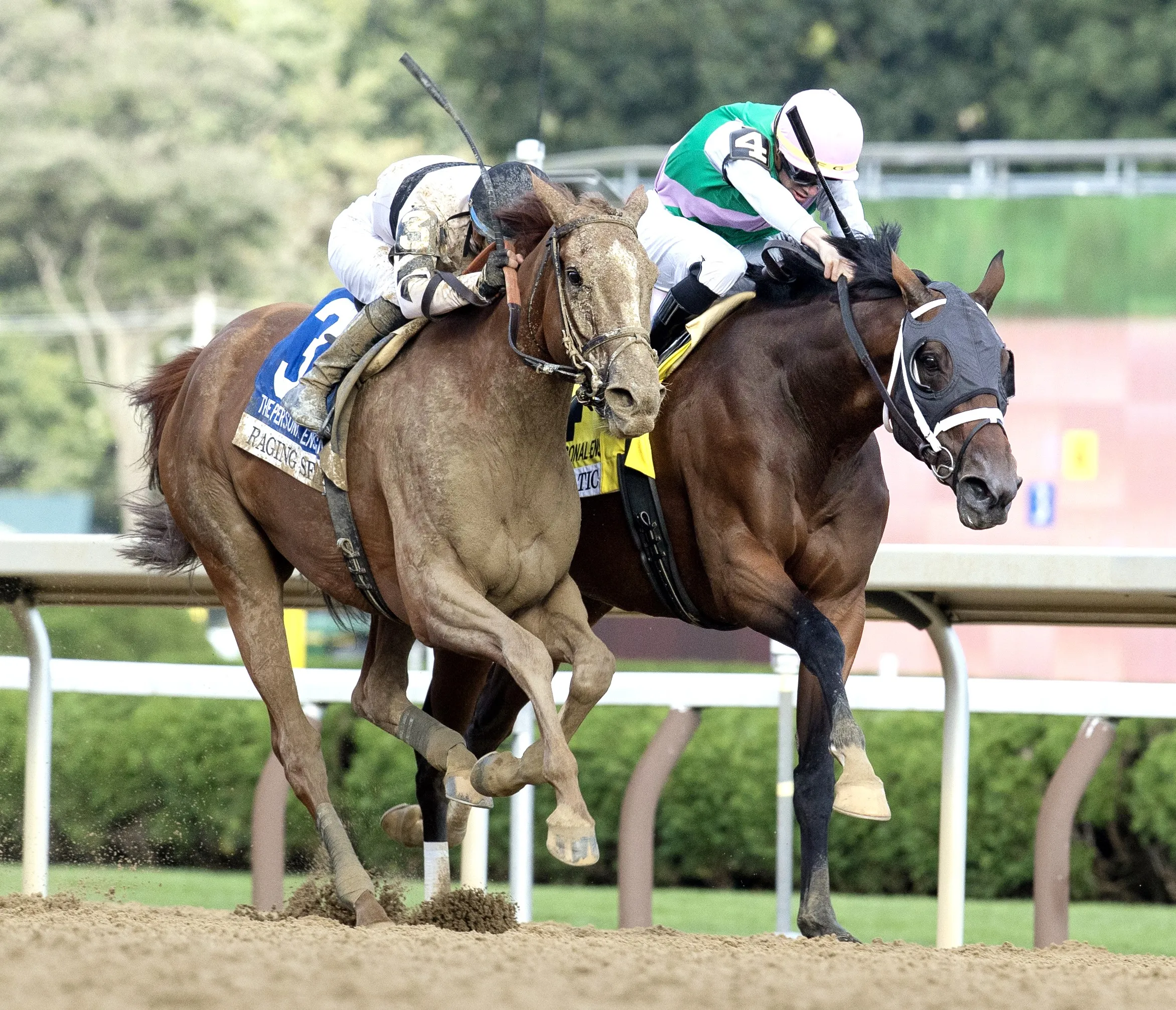 Raging Sea (left) runs down Idiomatic to win Personal Ensign at SAR Aug 23 2024