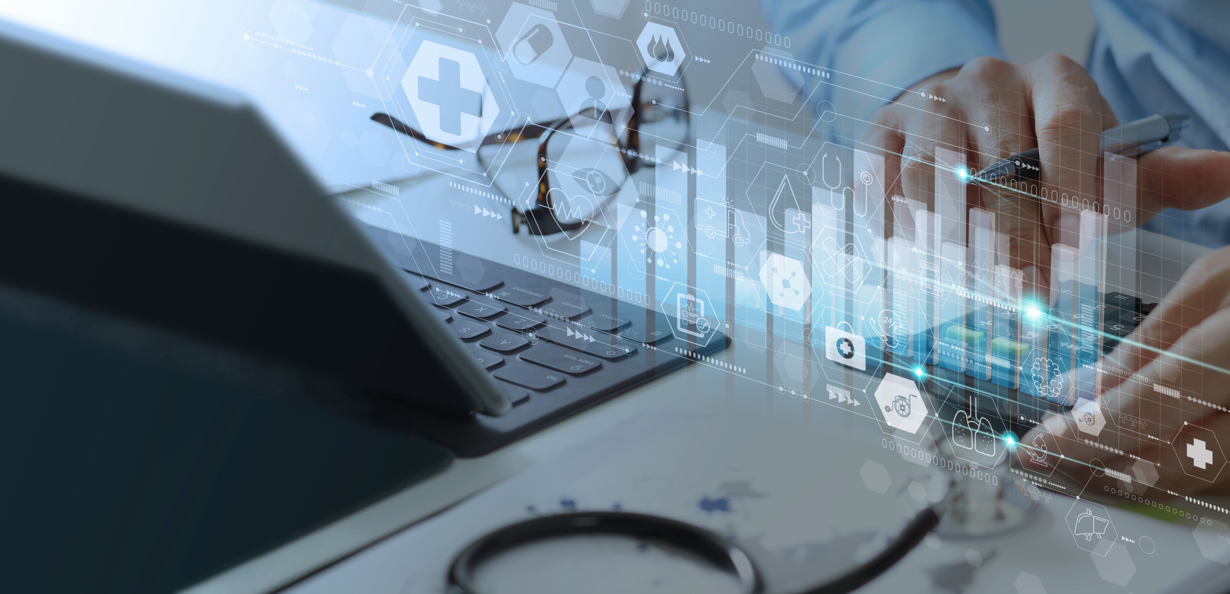 physician overlaid with financial graphs and charts