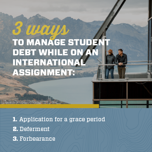 Graphic featuring ways to manage student debt on international assignments