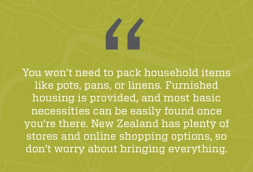 graphic saying what things locum physicians won't need to pack for an assignment to NZ