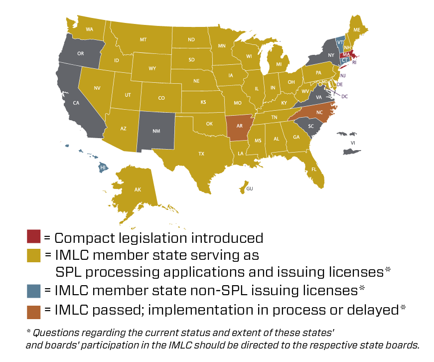 Map of the US highlighting the status of states' memberships to the IMLC