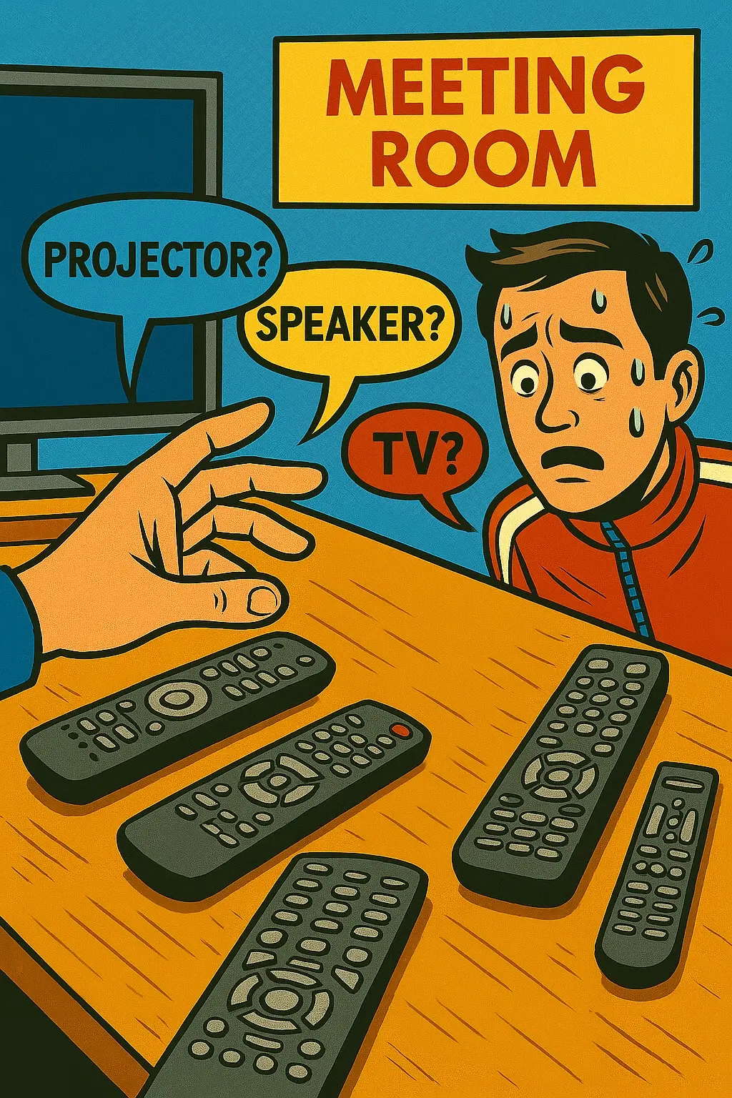 Comic-style image of a confused person in a meeting room, surrounded by remotes, wondering which controls the projector, speaker, or TV.