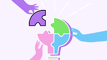 Hands place colorful puzzle pieces in a lightbulb shape on a light background, symbolizing collaboration and creativity.