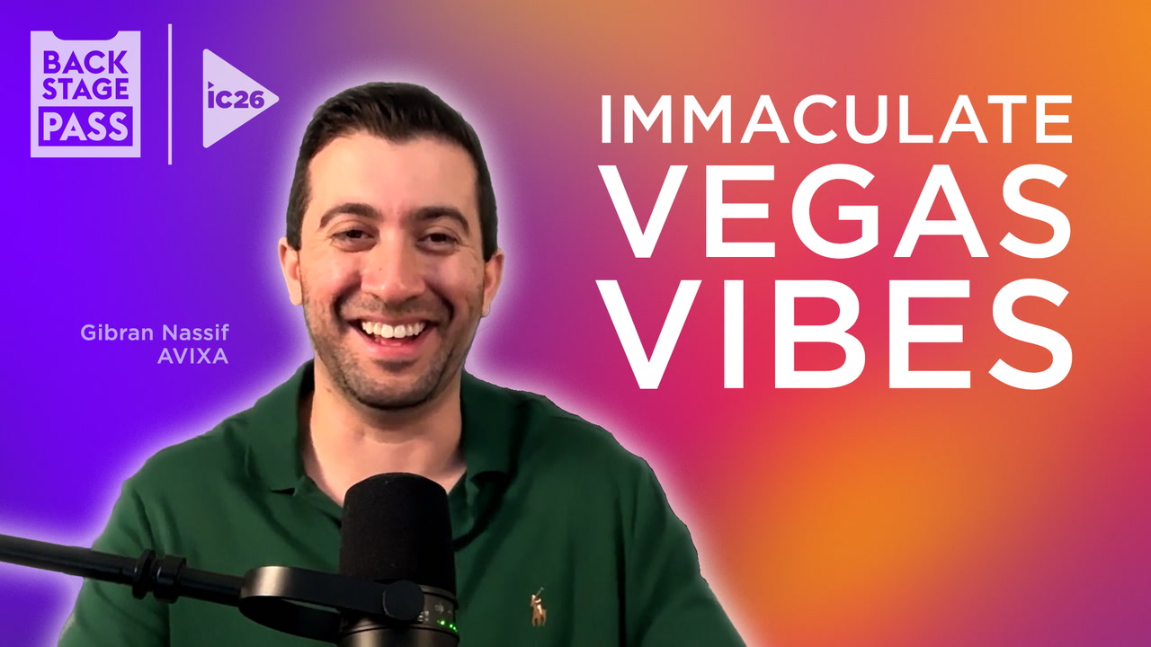 Smiling man with a microphone, colorful background reading "Immaculate Vegas Vibes," "Backstage Pass."
