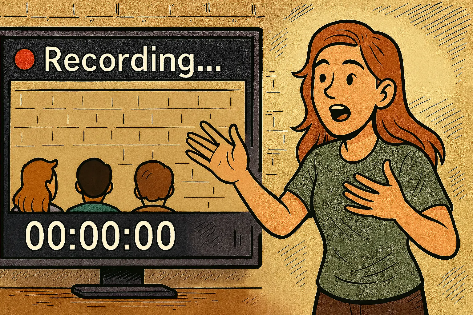 A woman gestures while speaking, standing beside a recording screen showing three people and a timer at 00:00:00.