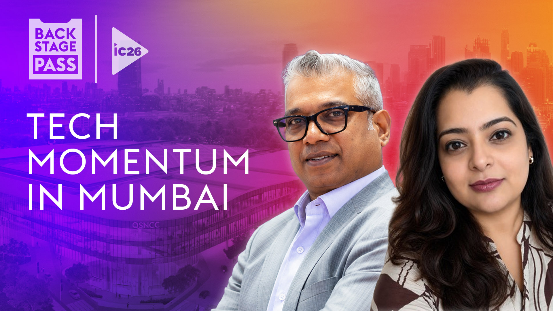 Two people in front of a colorful cityscape backdrop with the text "Tech Momentum in Mumbai" and logo "Backstage Pass ic26."